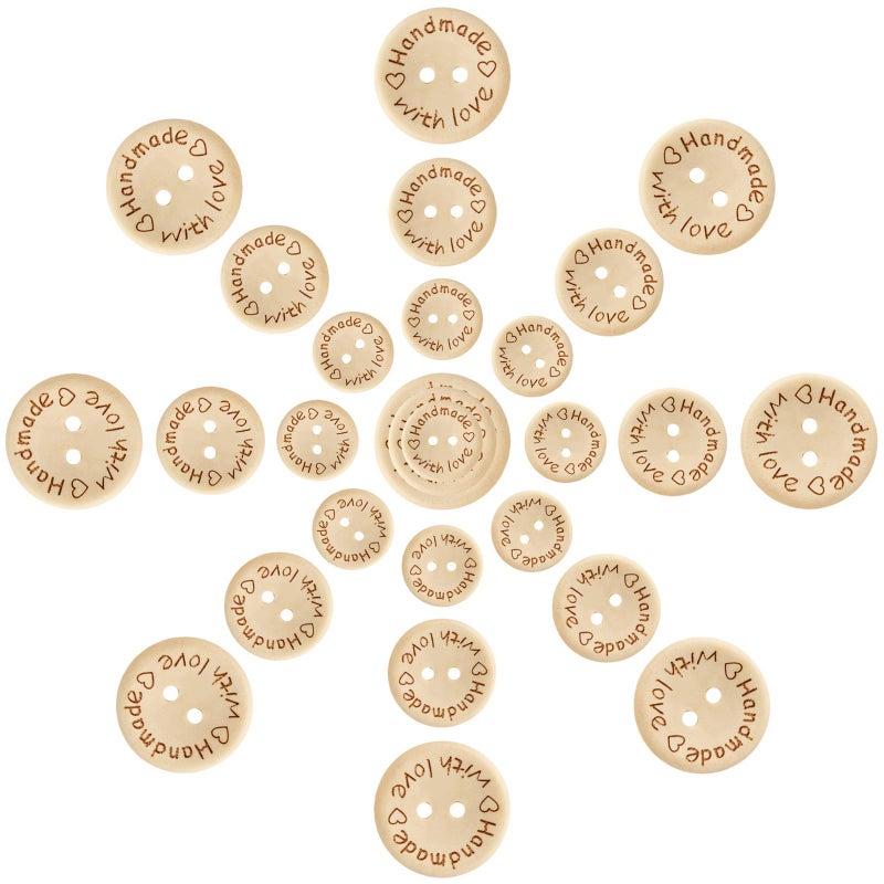 PINOWU 150pcs Pinowu Wooden Buttons (15-20-25mm) Handmade with Love Round Craft DÃ©cor 2 Holes Wood Sewing Buttons for Hat Shirt Clothes Decoration - Image 1